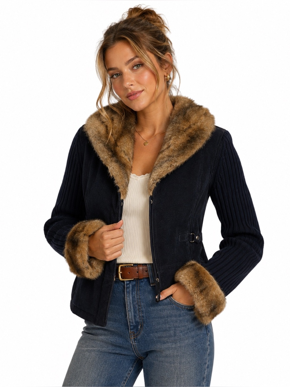 Urchin Lambswool Blend Faux Fur Corduroy Jacket Medium Black Y2K Retro